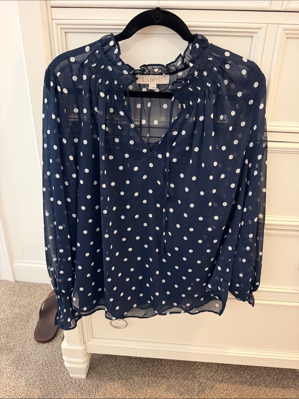 LOFT Navy and White Polka Dot Sheer Long-Sleeve Blouse
